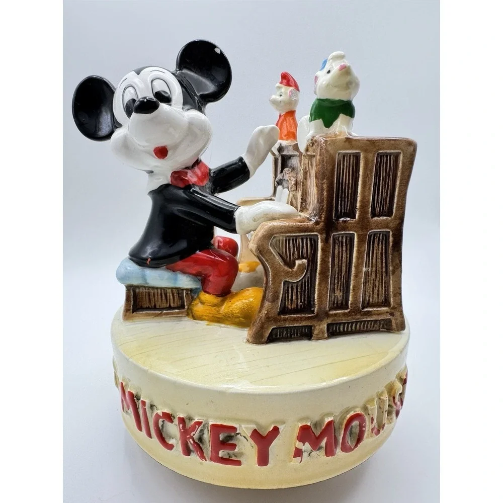 Mickey Mouse Music Box Walt Disney Japan Ceramic Piano Figurine Vintage‎